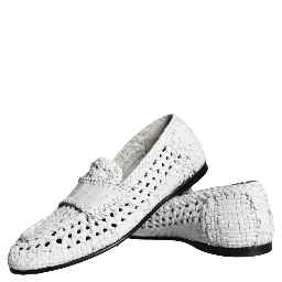 White Woven Leather Slip On Loafers Men Shoes