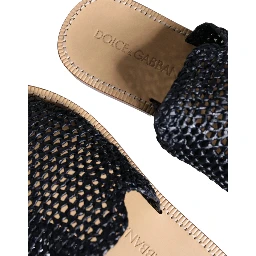 Black Monochrome Braided Raffia Slides Shoes