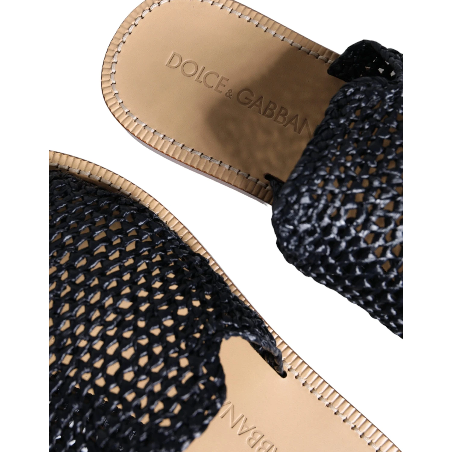 Black Monochrome Braided Raffia Slides Shoes