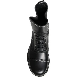 Black Leather Combat Mid Calf Boots Shoes
