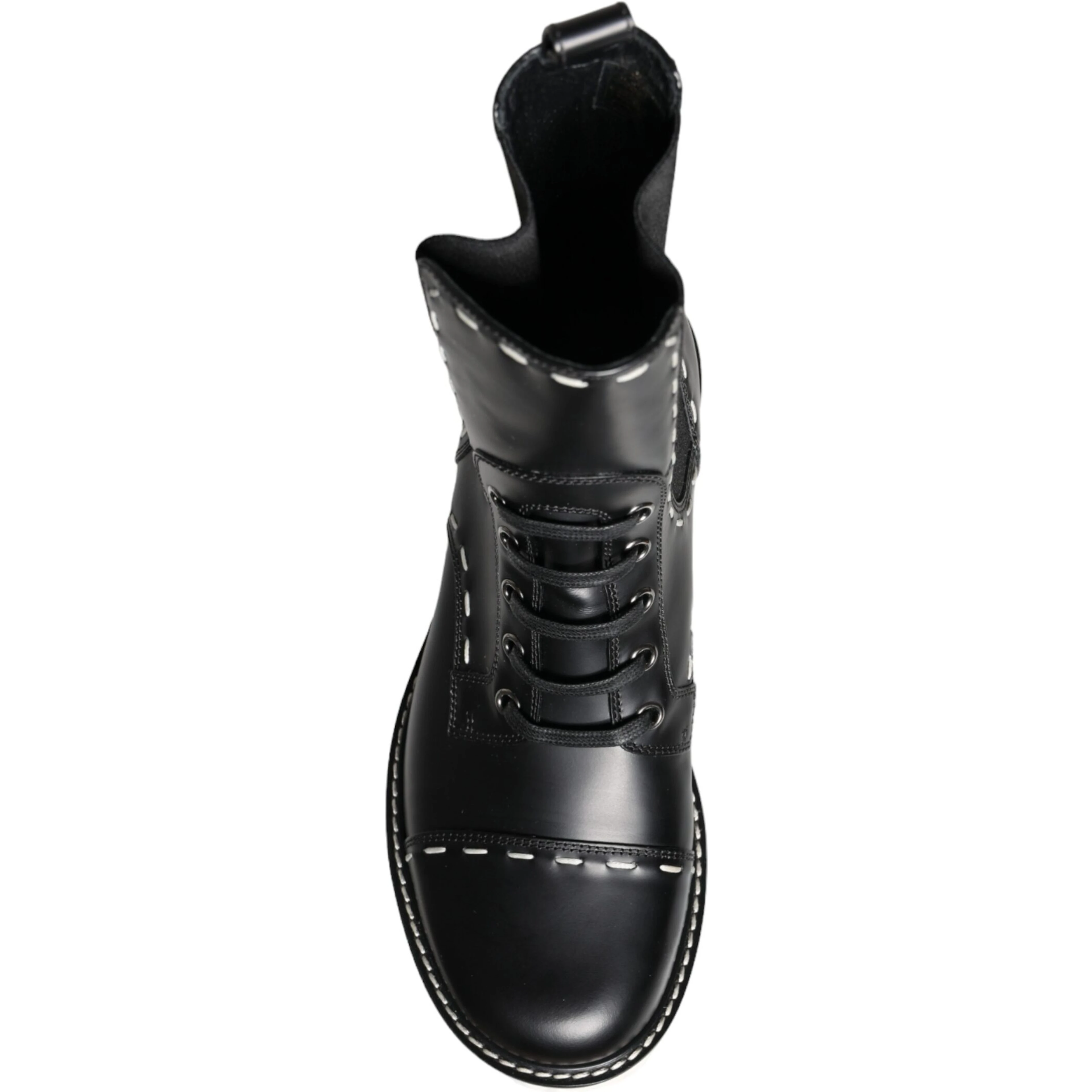 Black Leather Combat Mid Calf Boots Shoes