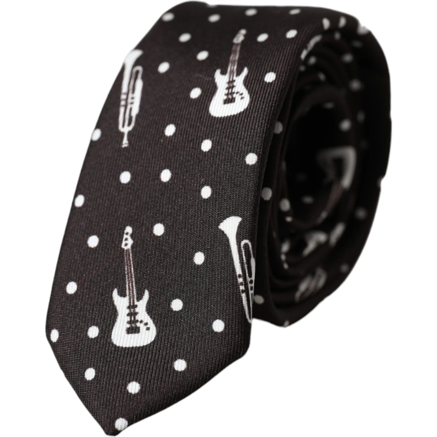 Black Guitar Print Silk Adjustable Tie