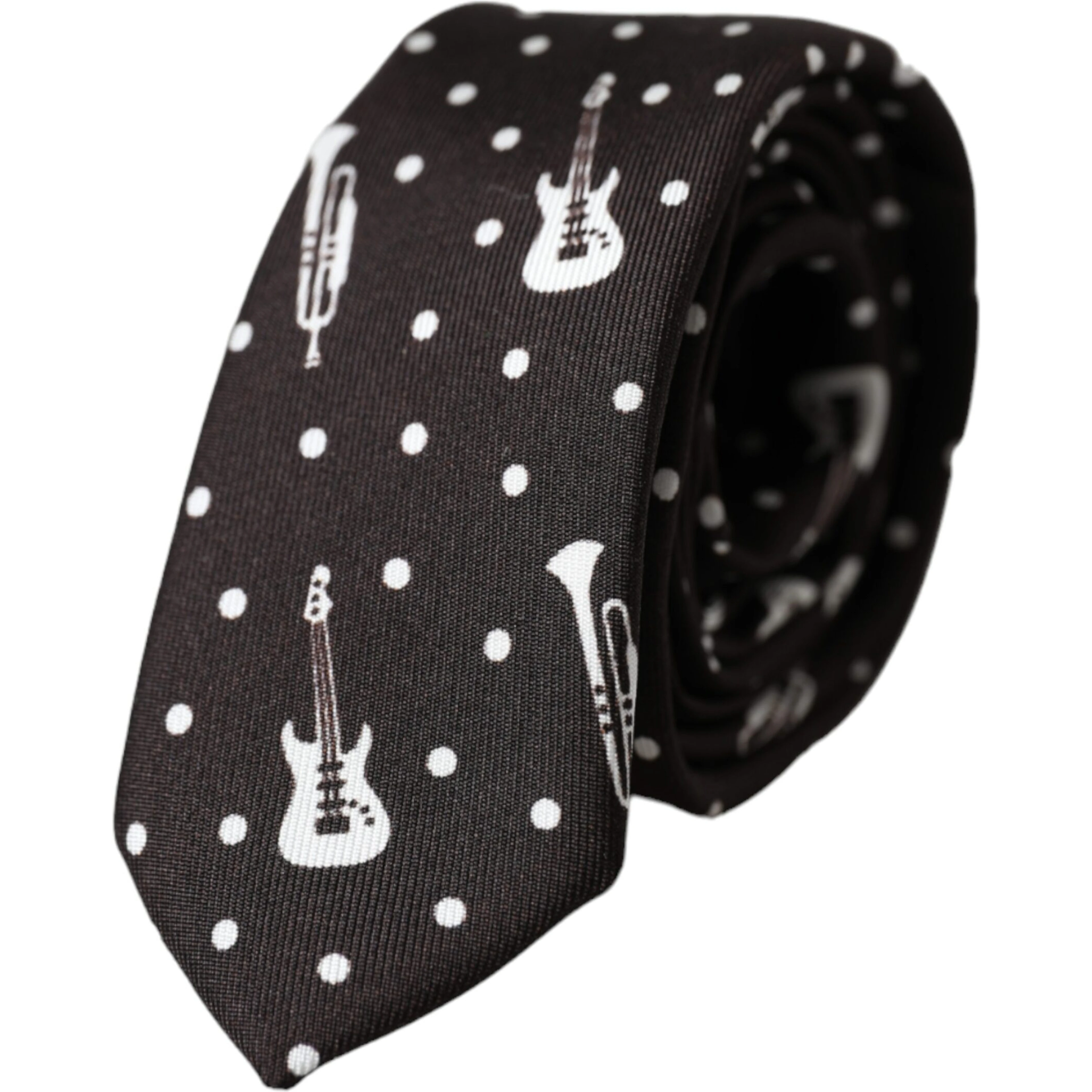 Black Guitar Print Silk Adjustable Tie