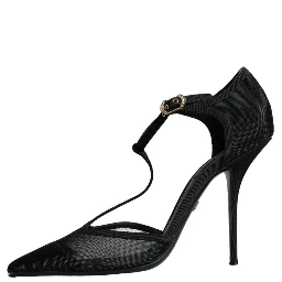 Black Mesh T-strap Stiletto High Heels Shoes