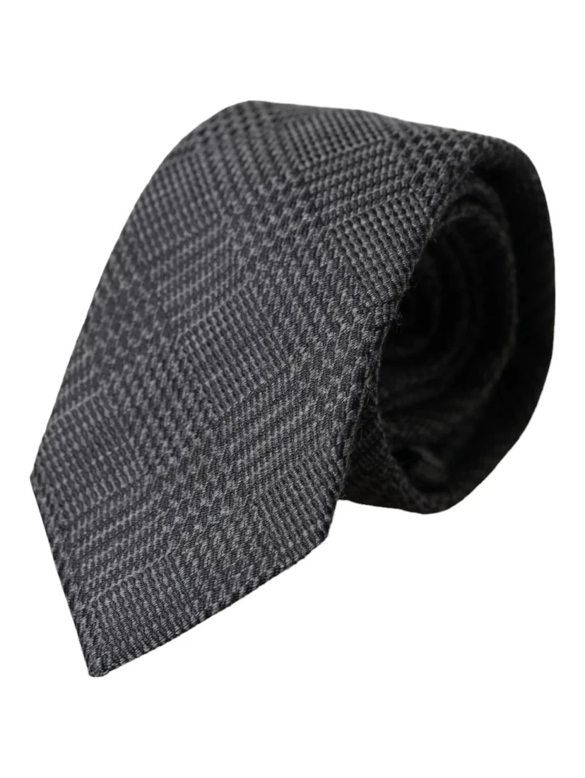 Dark Gray Plaid Patterned Silk Adjustable Men Tie