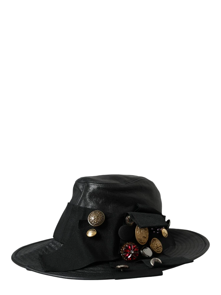 Black Leather DG Coin Crystal Wide Brim Hat