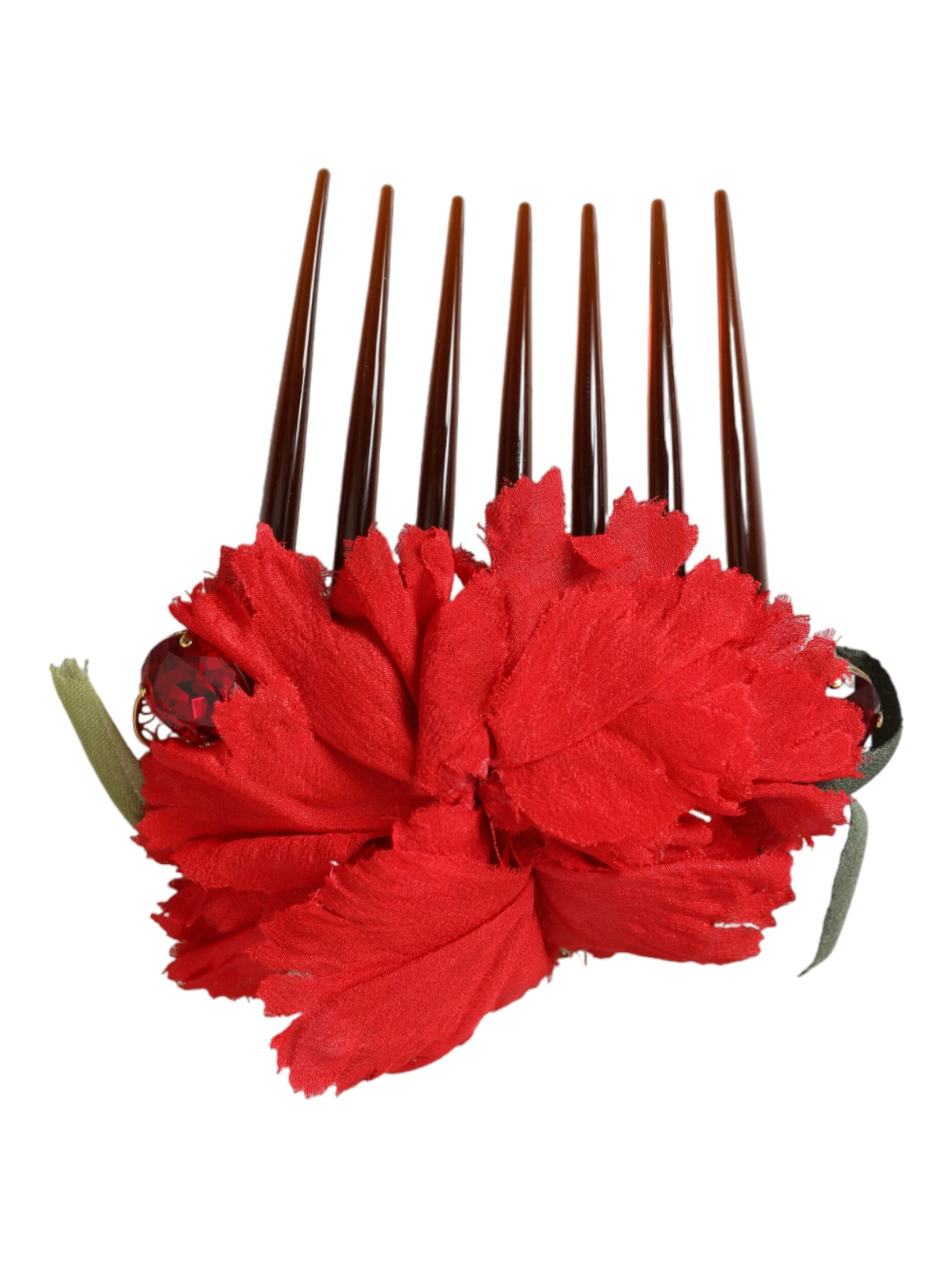 Red Silk Floral Gold Brass Women Hair Comb
