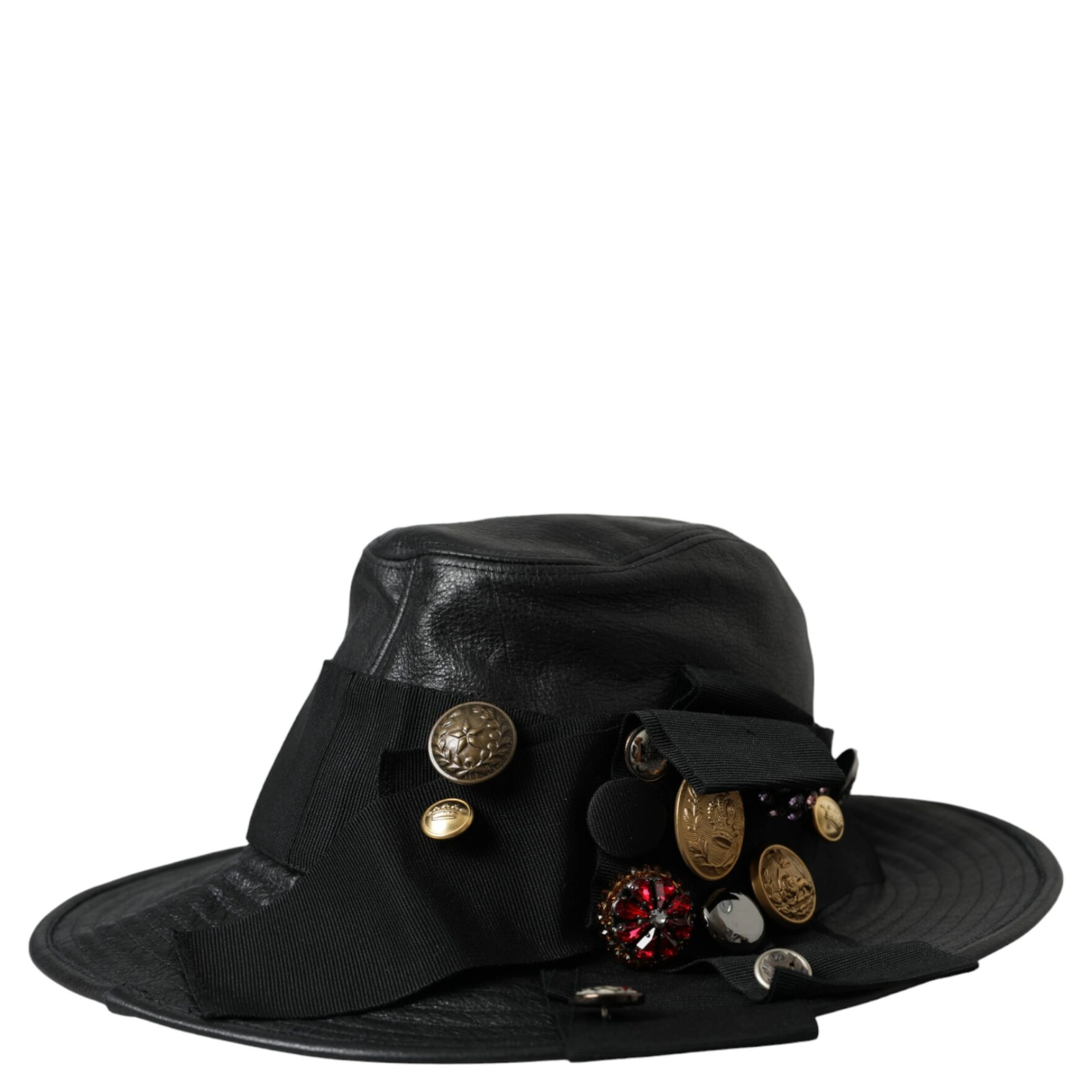 Black Leather DG Coin Crystal Wide Brim Hat