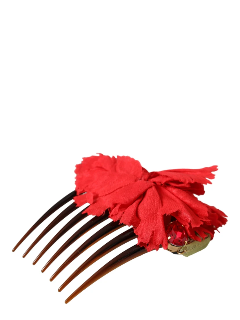 Red Silk Floral Gold Brass Women Hair Comb