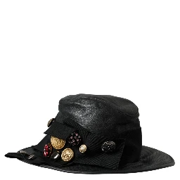 Black Leather DG Coin Crystal Wide Brim Hat