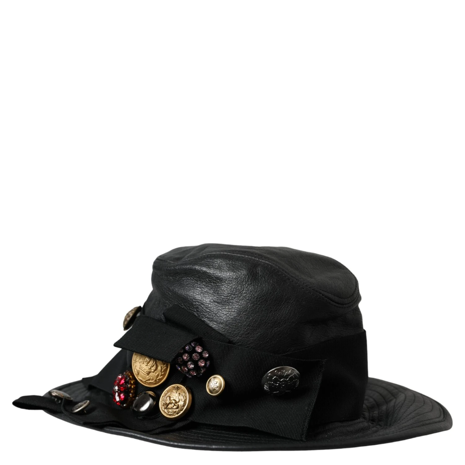 Black Leather DG Coin Crystal Wide Brim Hat