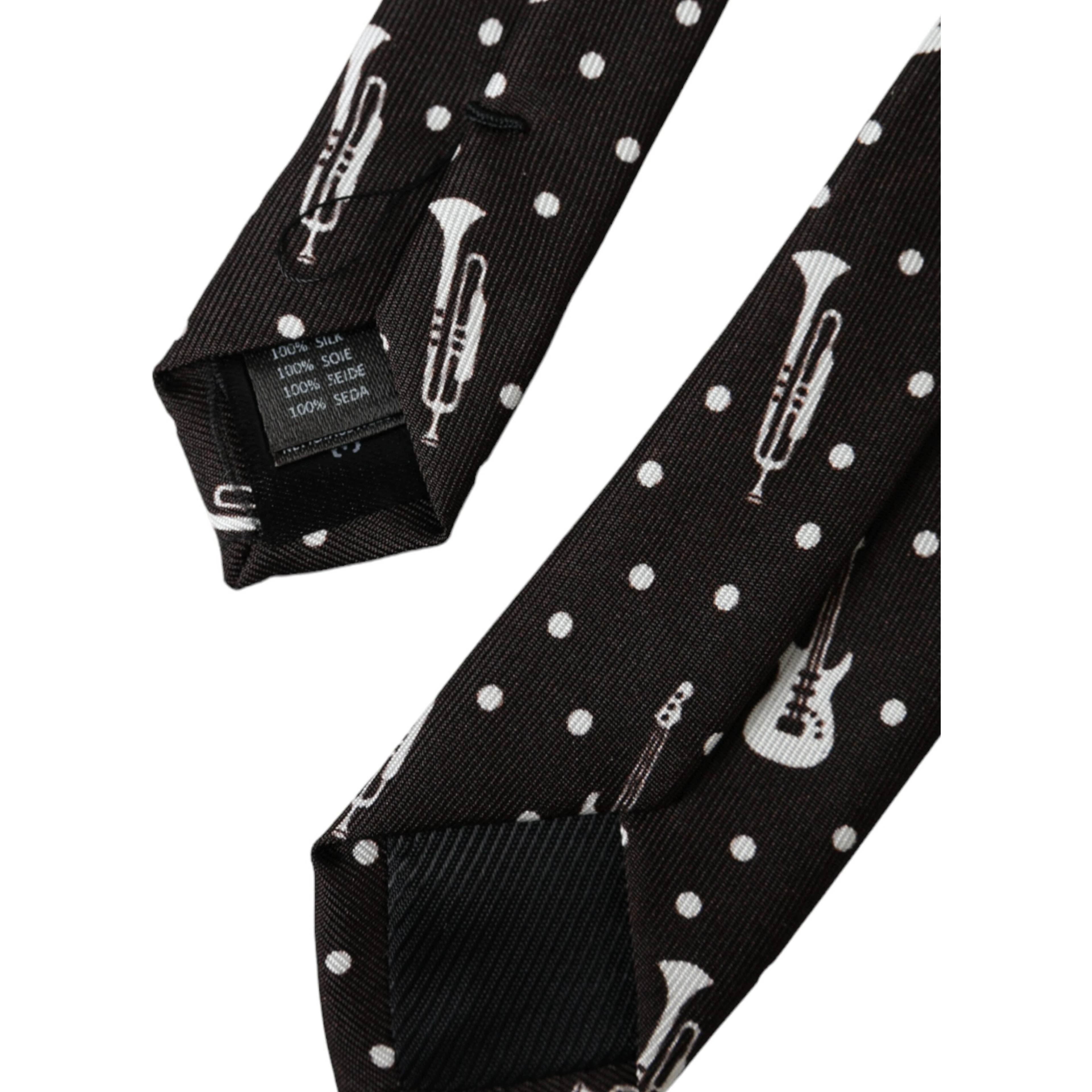 Black Guitar Print Silk Adjustable Tie