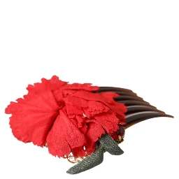 Red Silk Floral Gold Brass Women Hair Comb