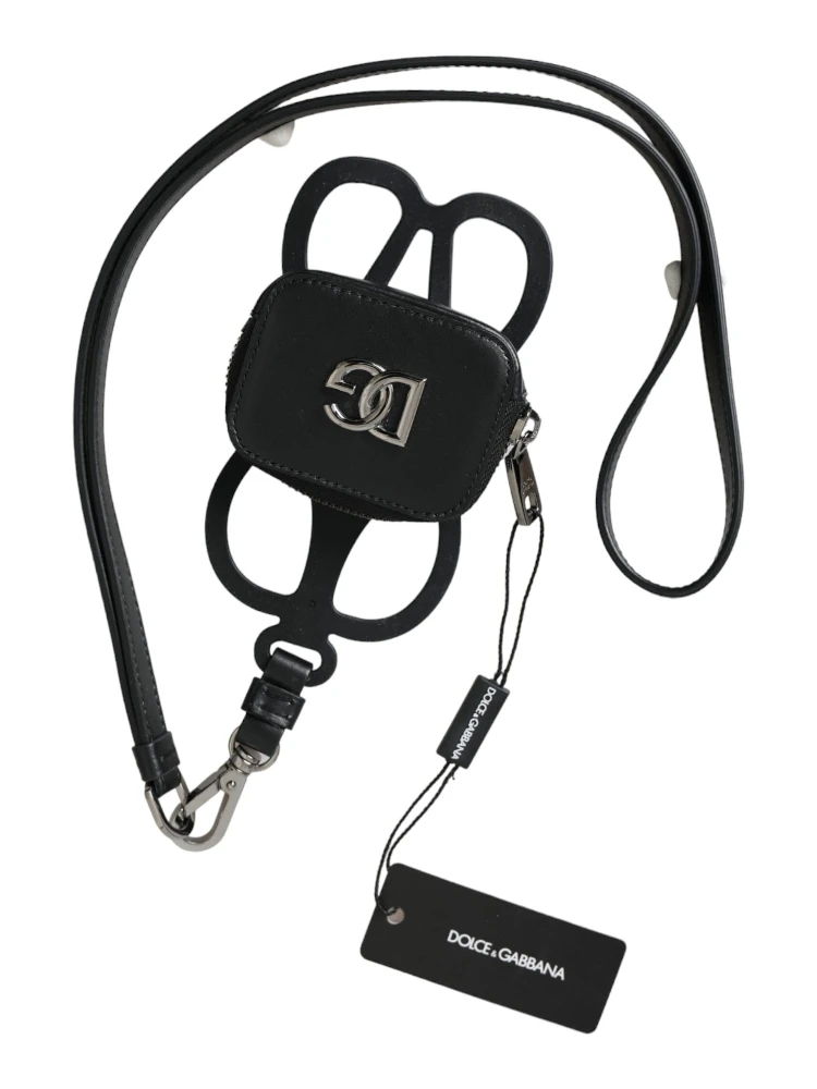 Black Calfskin Leather DG Logo Coin Purse Lanyard Wallet alternative