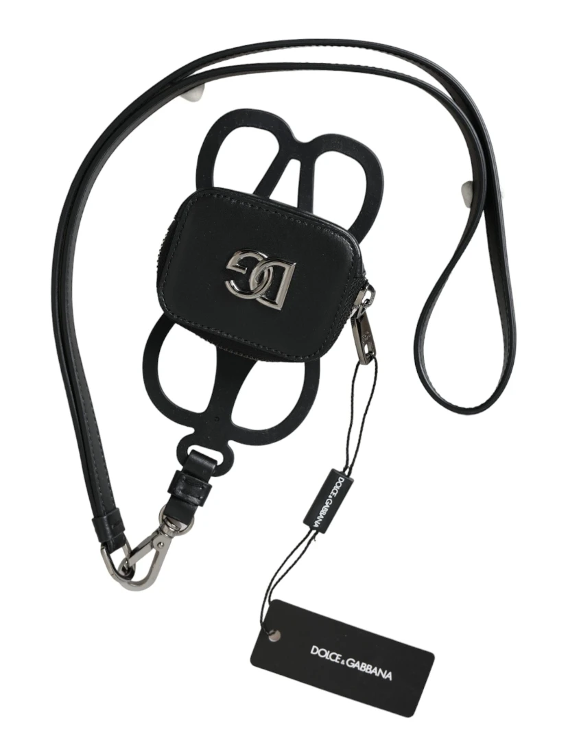 Black Calfskin Leather DG Logo Coin Purse Lanyard Wallet