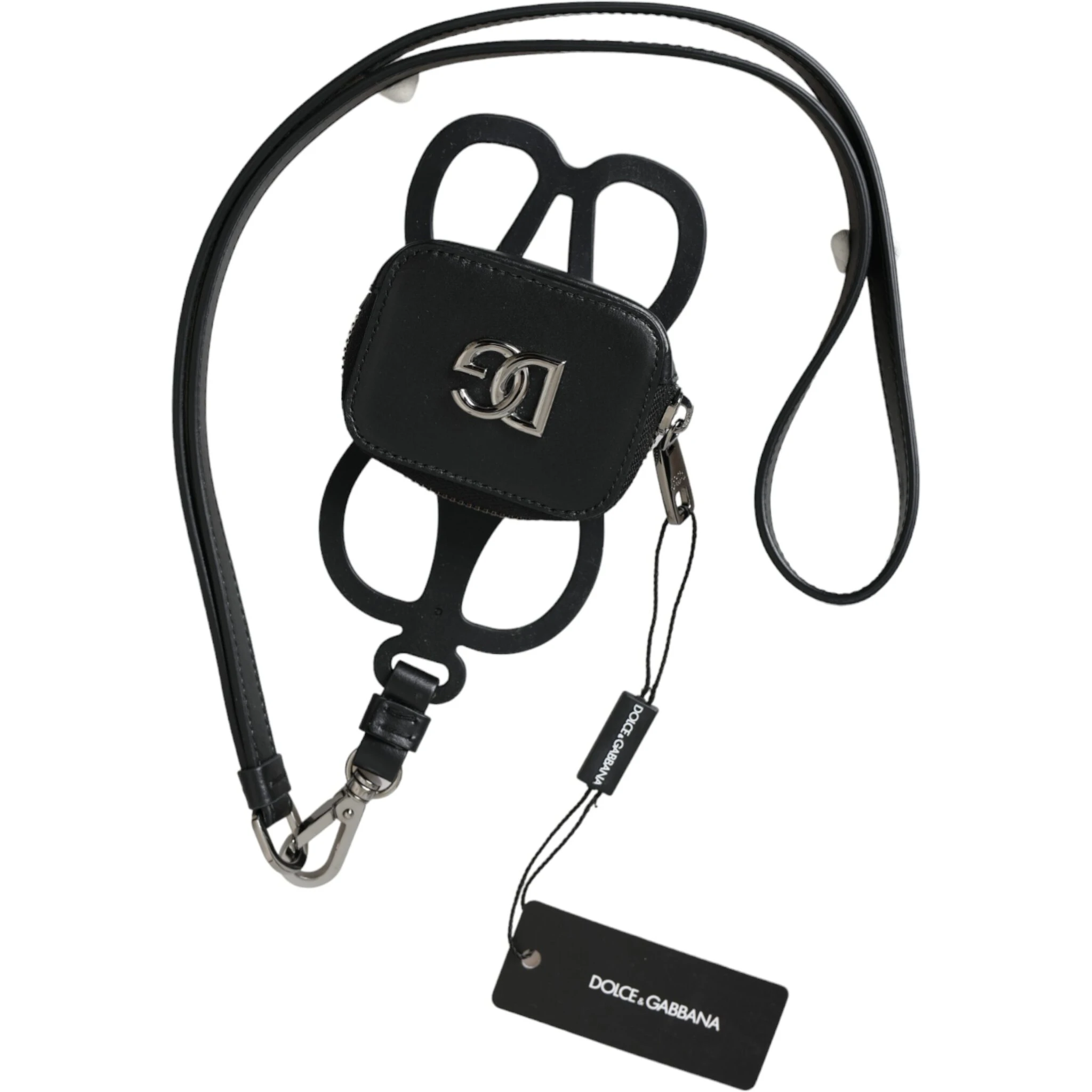 Black Calfskin Leather DG Logo Coin Purse Lanyard Wallet