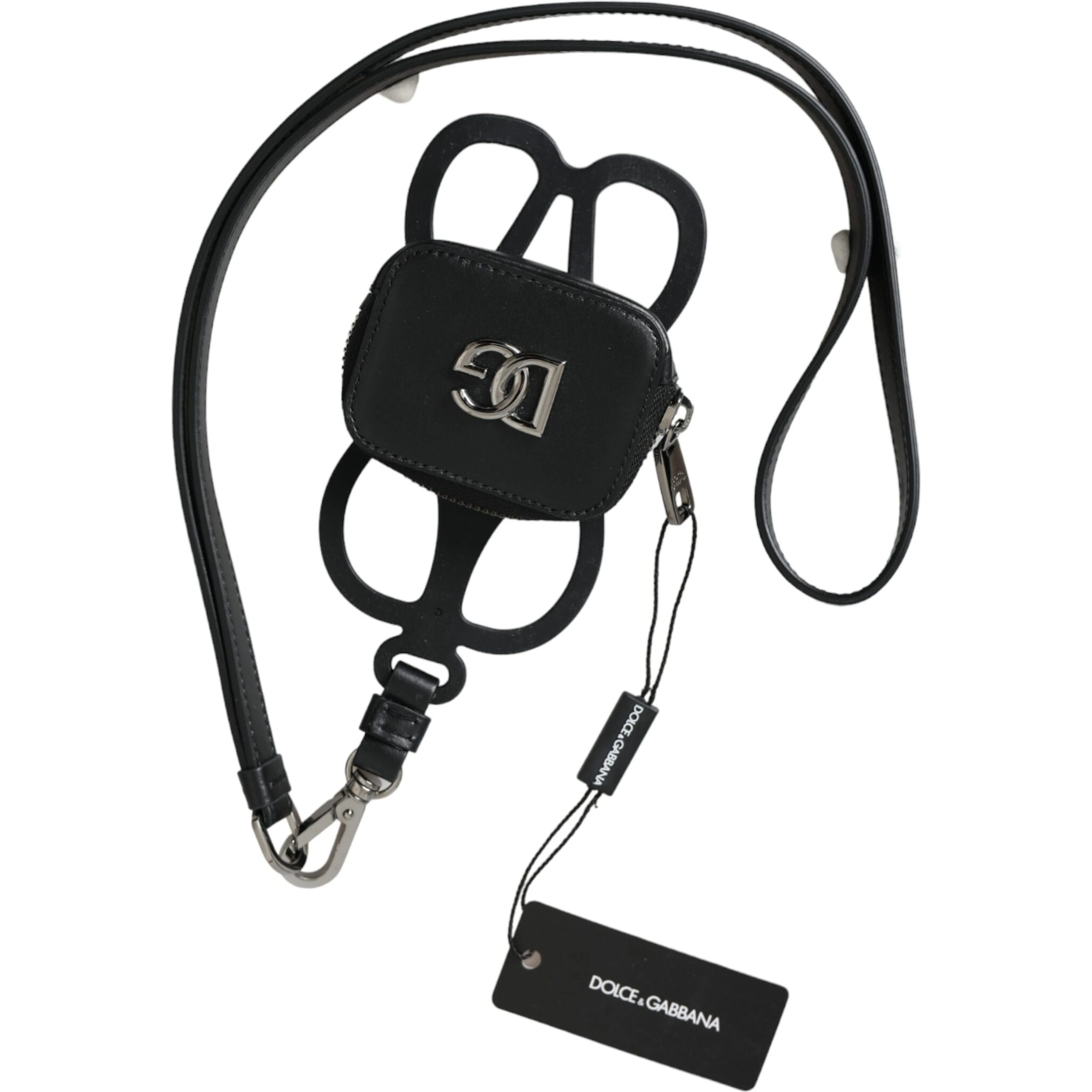 Black Calfskin Leather DG Logo Coin Purse Lanyard Wallet