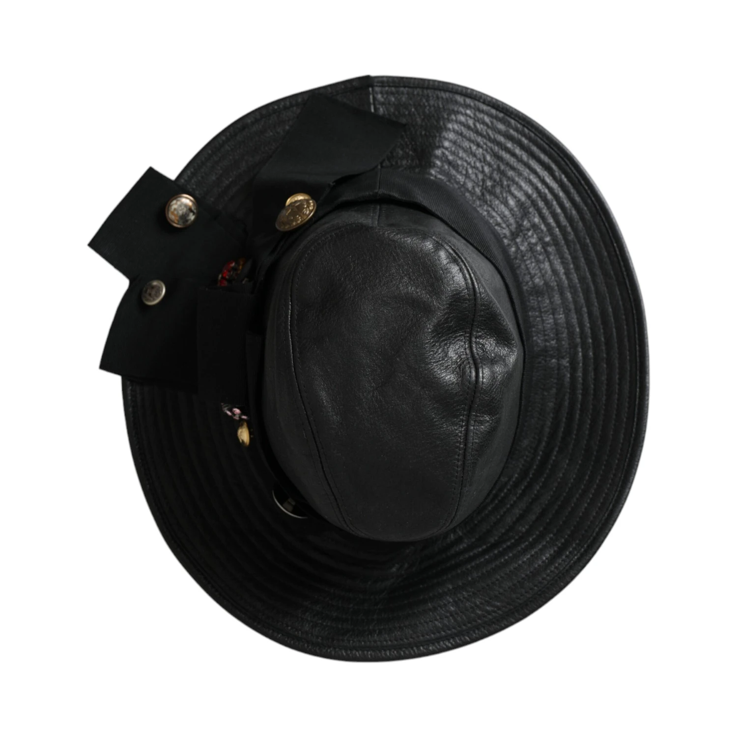 Black Leather DG Coin Crystal Wide Brim Hat