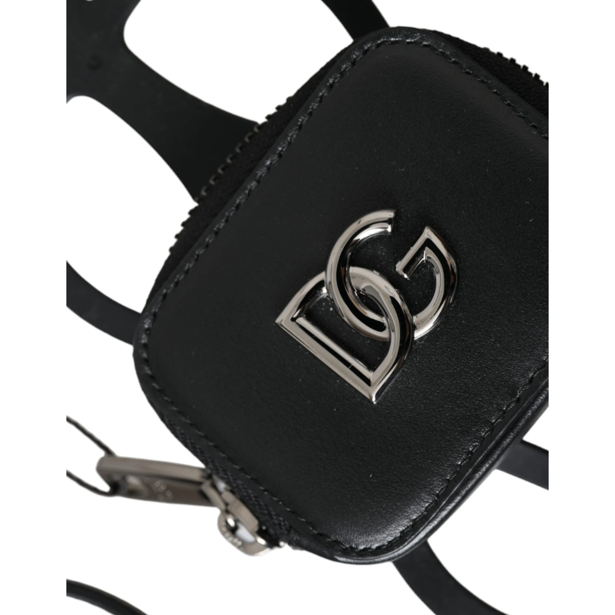 Black Calfskin Leather DG Logo Coin Purse Lanyard Wallet