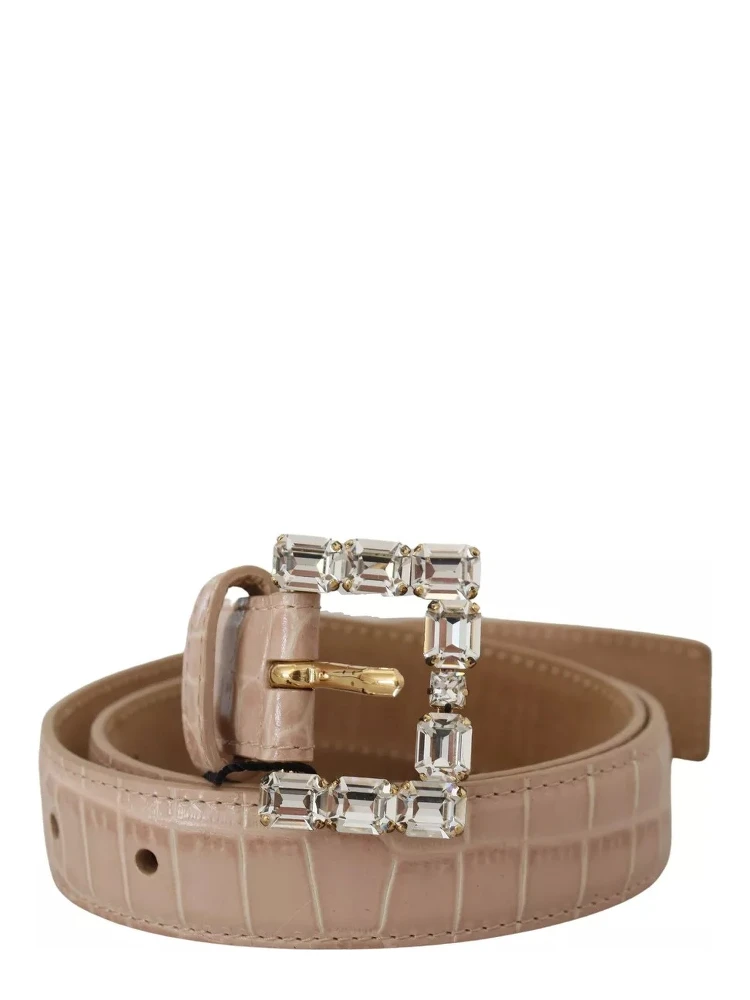 Beige Leather Crystal Buckle Women Belt