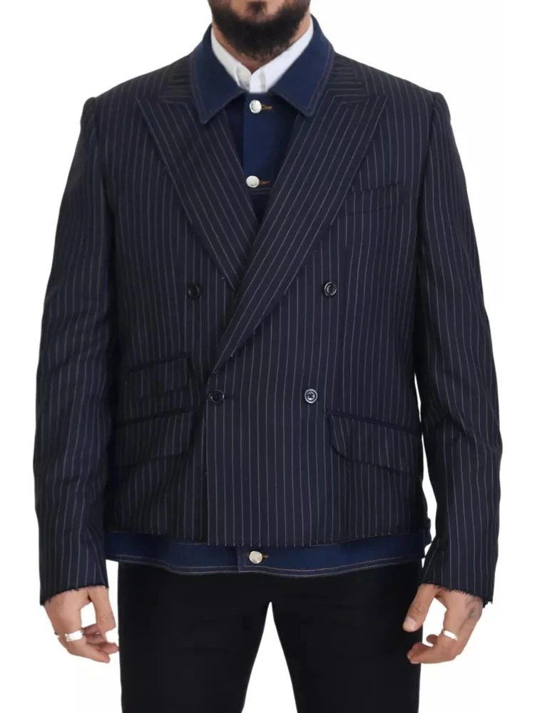 Blue Striped Double Breasted Denim Blazer