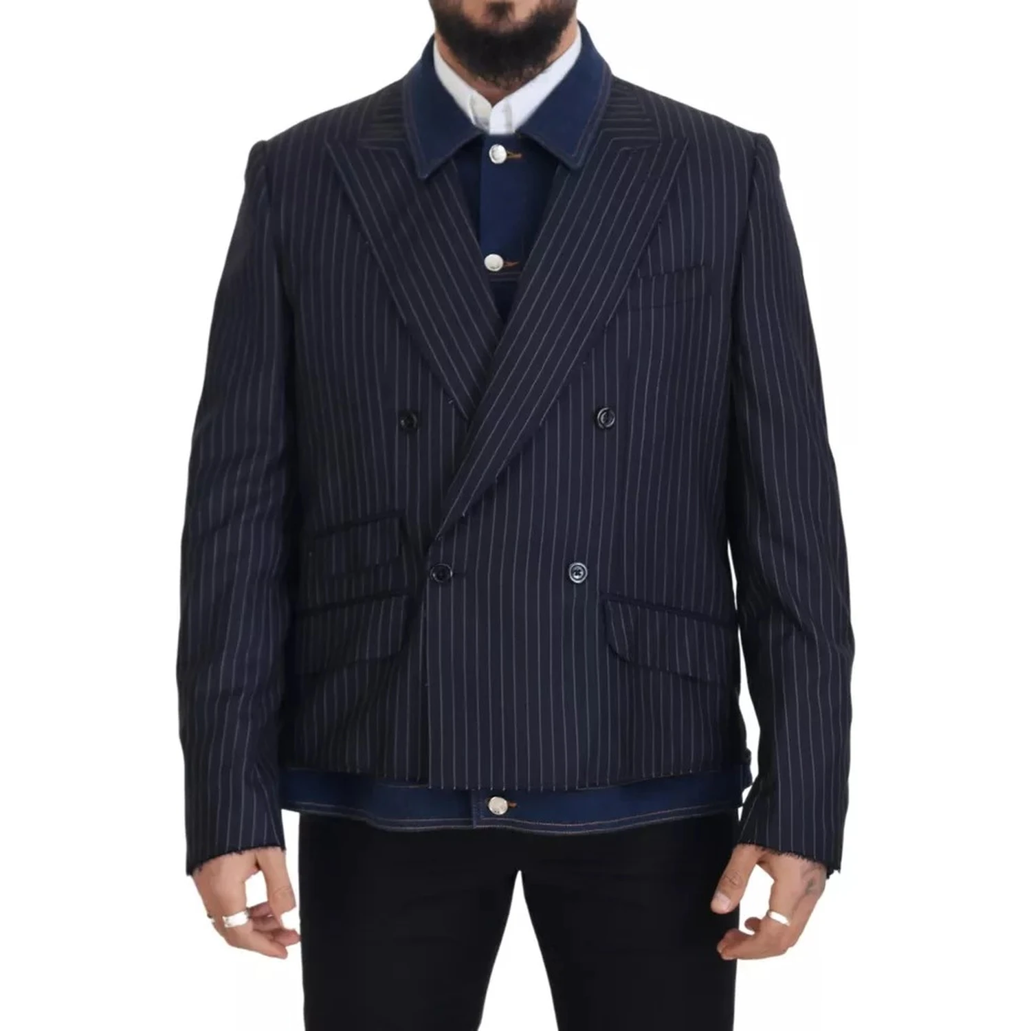 Blue Striped Double Breasted Denim Blazer