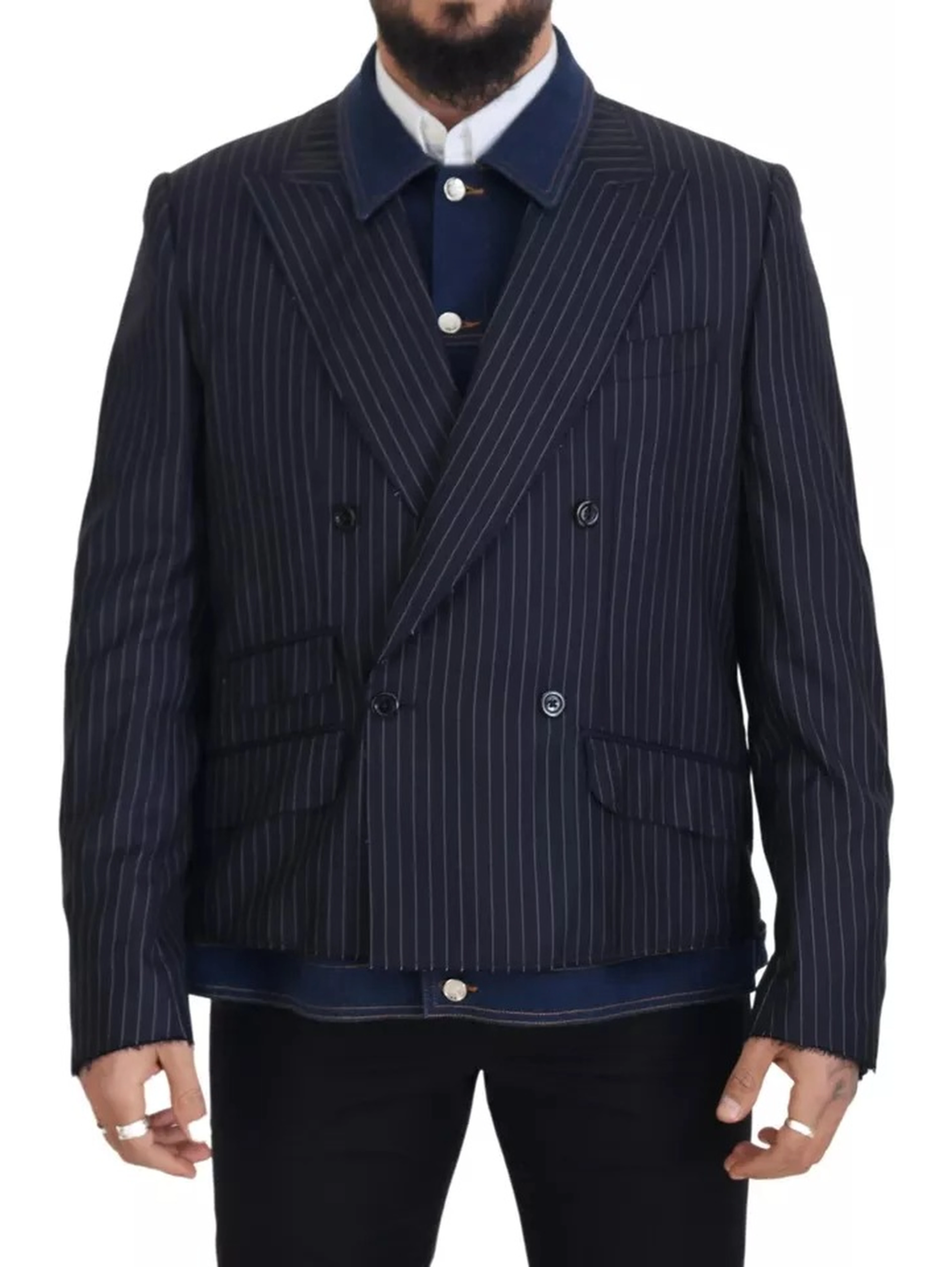 Blue Striped Double Breasted Denim Blazer