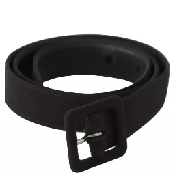 Black Velvet Leather Logo Waist Buckle Belt