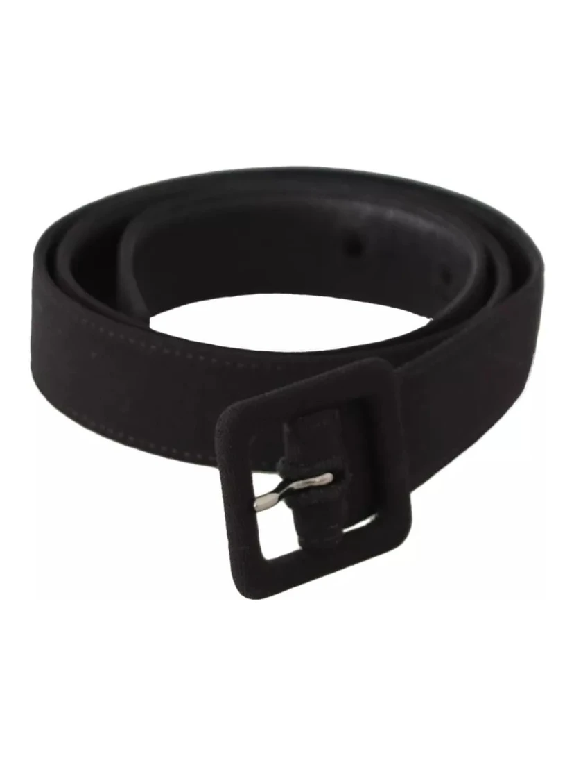 Black Velvet Leather Logo Waist Buckle Belt