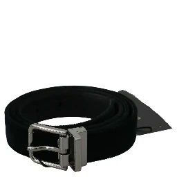 Black Velvet Leather Silver Buckle Belt