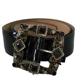 Black Shiny Leather Crystal Logo Buckle Belt