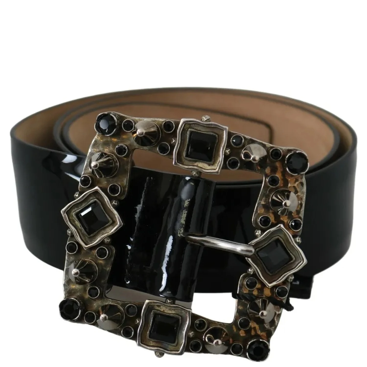 Black Shiny Leather Crystal Logo Buckle Belt