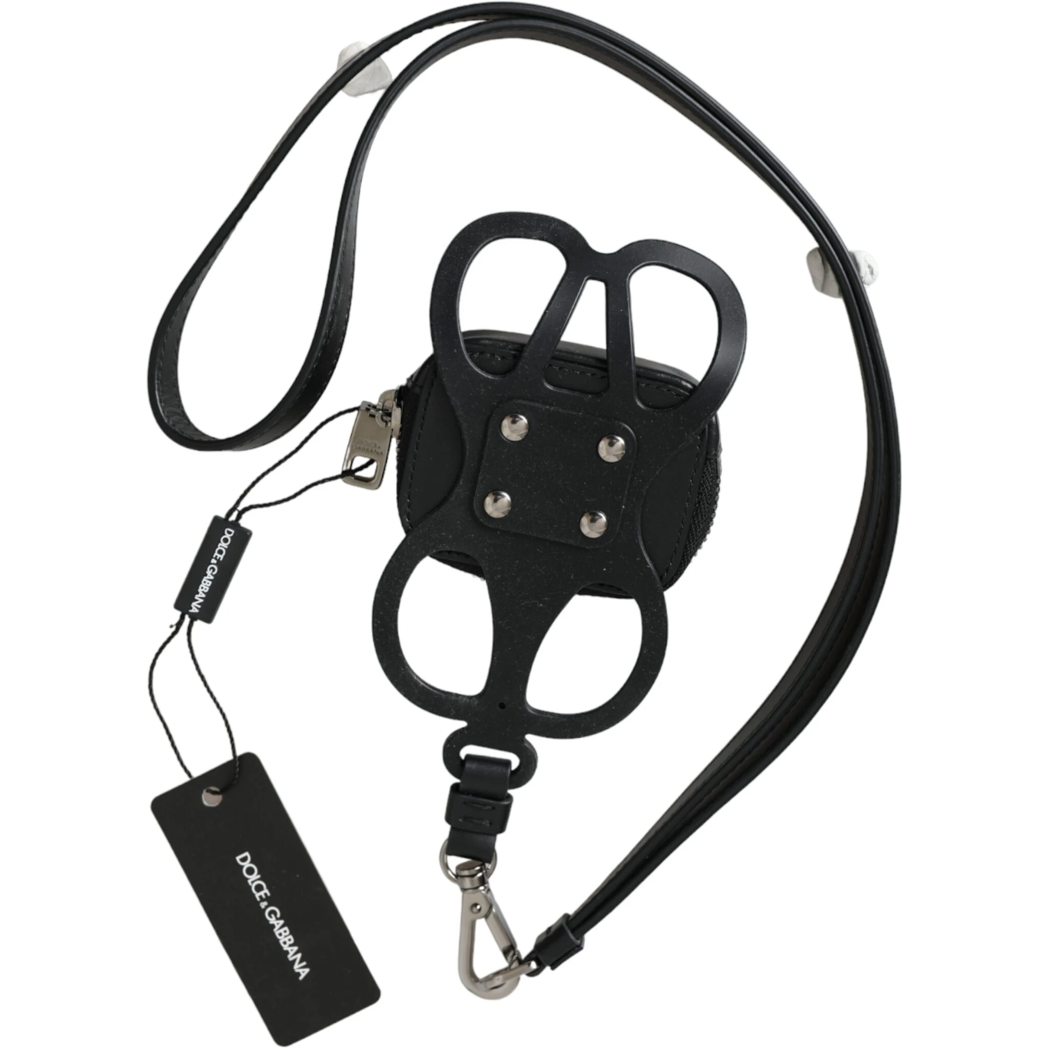 Black Calfskin Leather DG Logo Coin Purse Lanyard Wallet