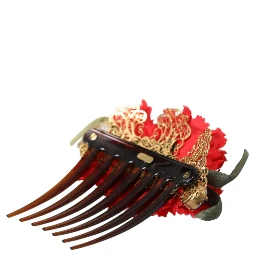Red Silk Floral Gold Brass Women Hair Comb