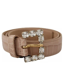 Beige Leather Crystal Buckle Women Belt