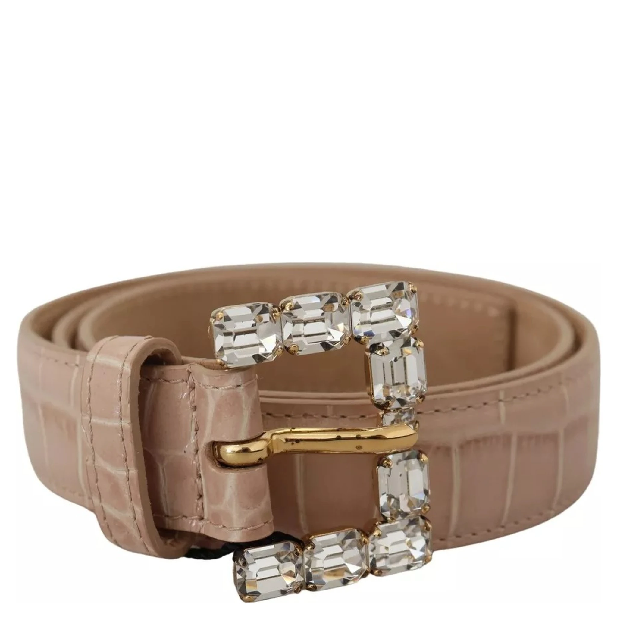 Beige Leather Crystal Buckle Women Belt