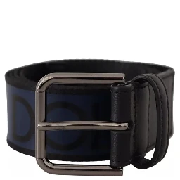 Blue Black Logo Print Silver Buckle Belt