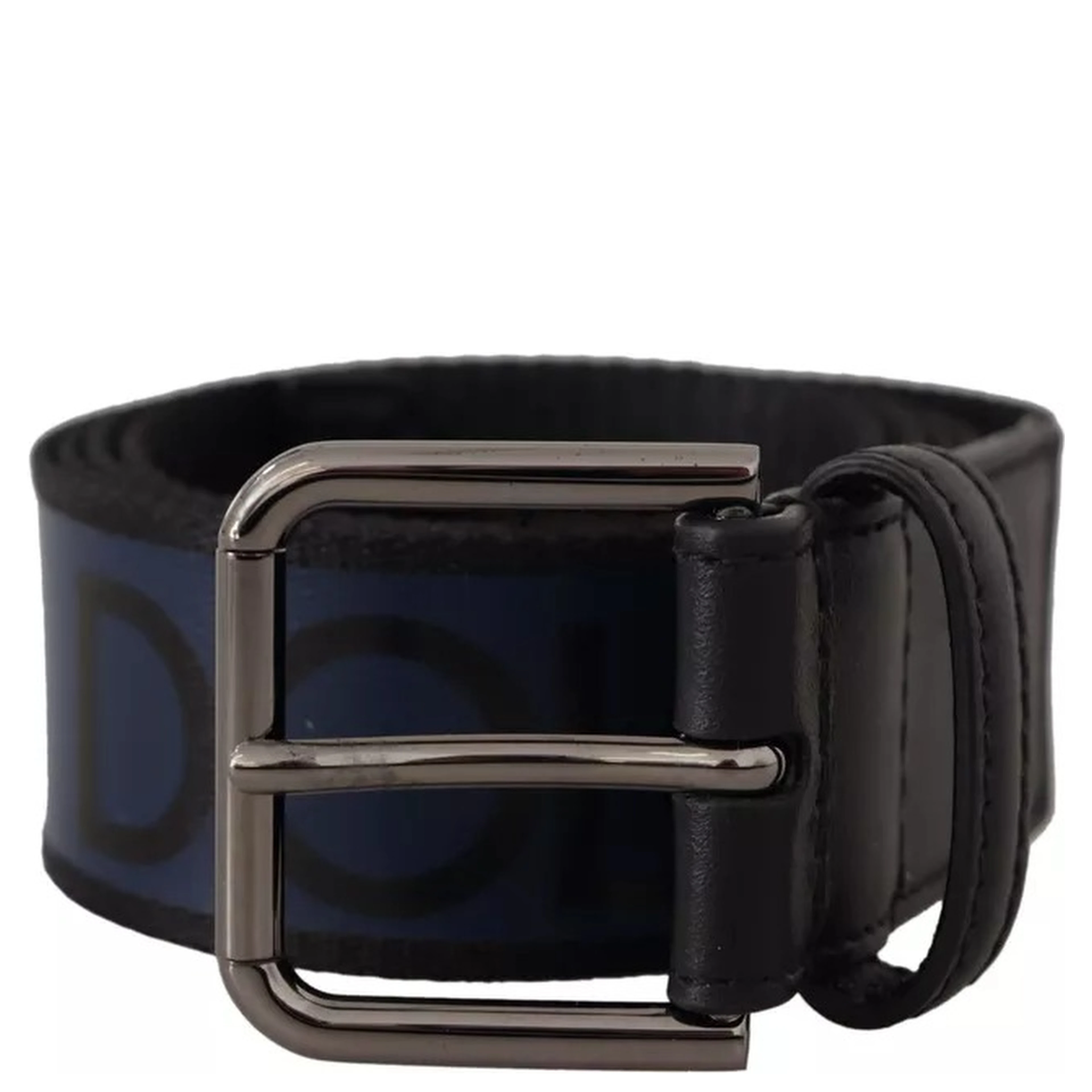 Blue Black Logo Print Silver Buckle Belt