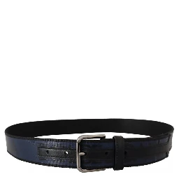 Blue Black Logo Print Silver Buckle Belt