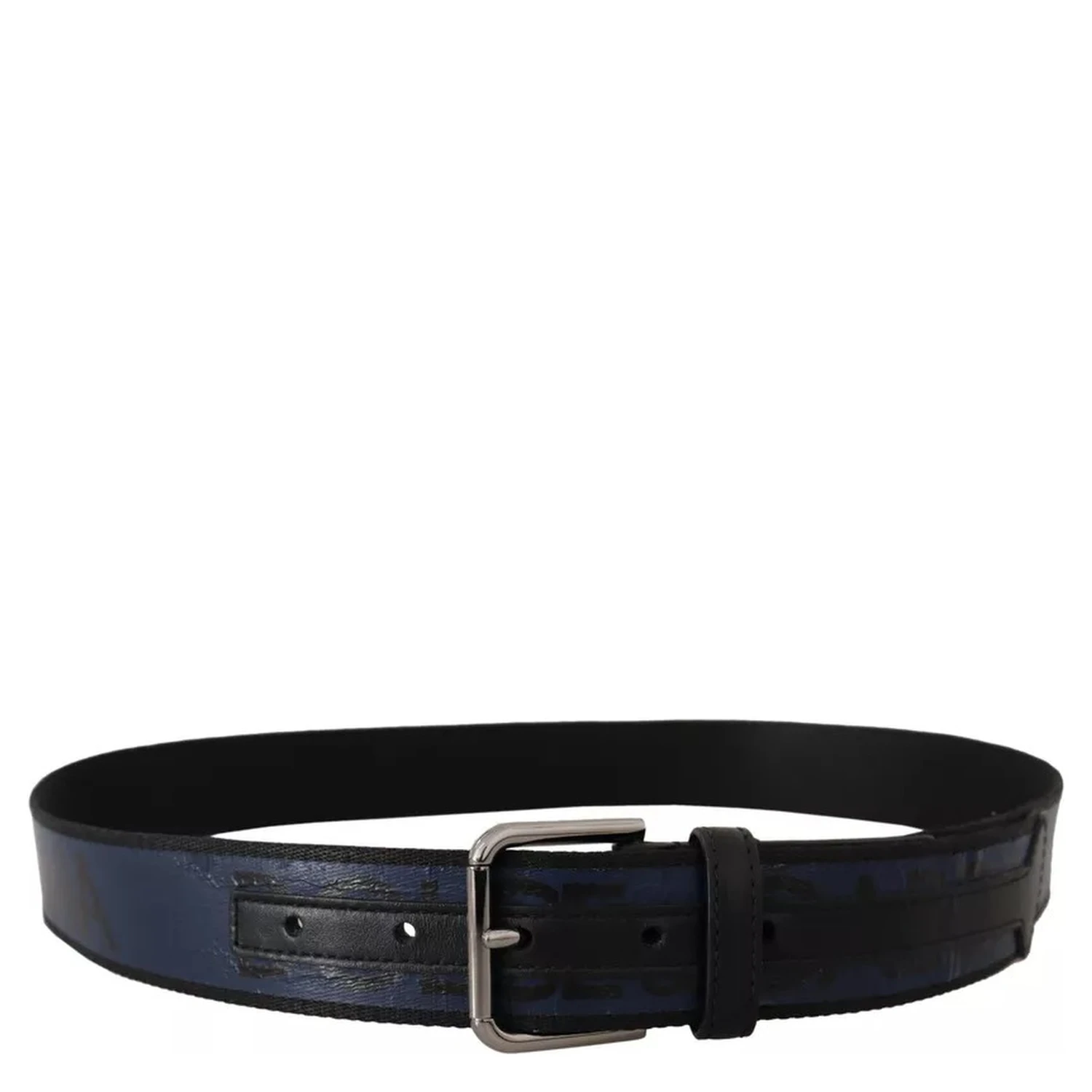Blue Black Logo Print Silver Buckle Belt