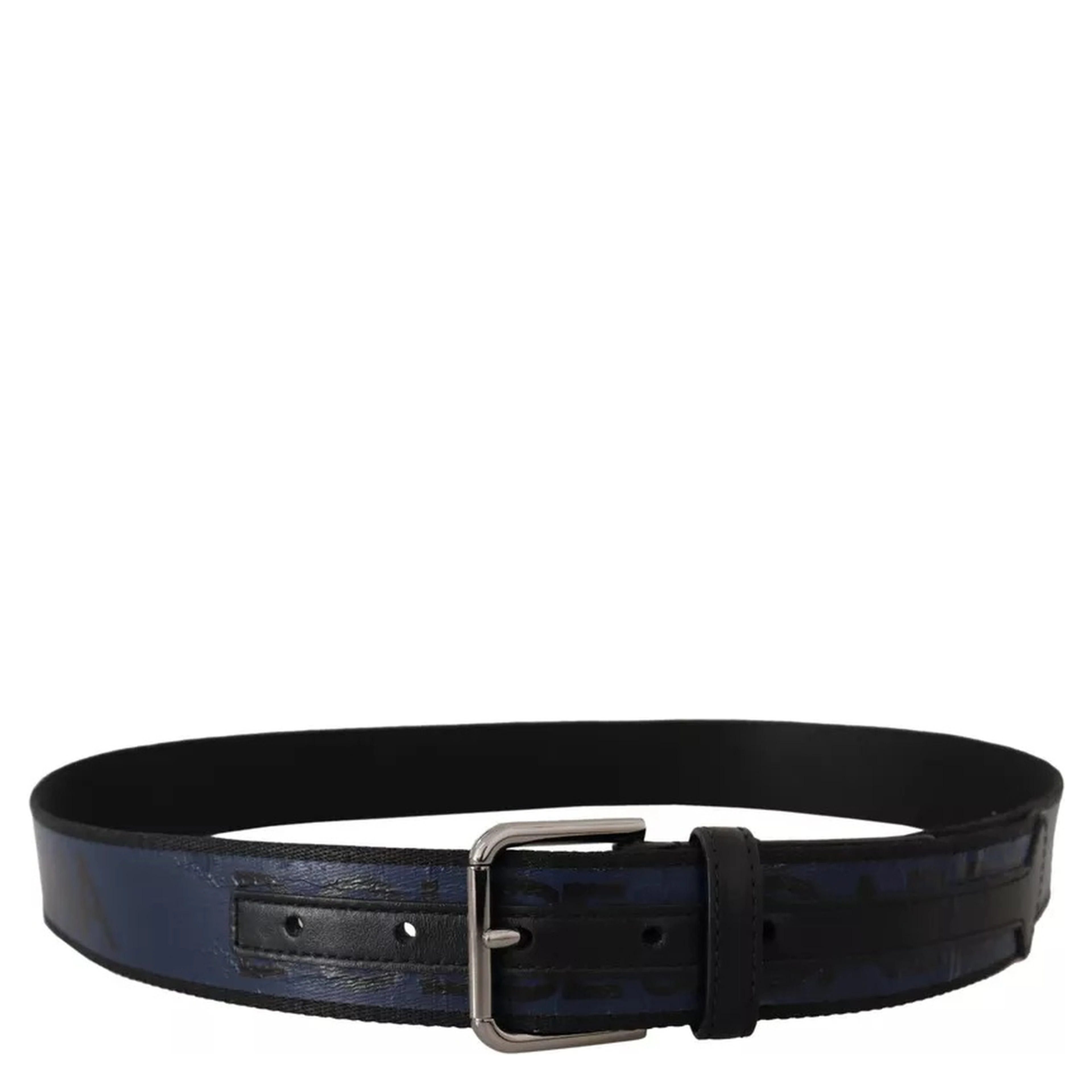 Blue Black Logo Print Silver Buckle Belt