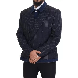 Blue Striped Double Breasted Denim Blazer