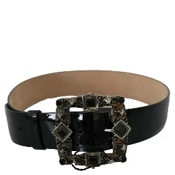 Black Shiny Leather Crystal Logo Buckle Belt