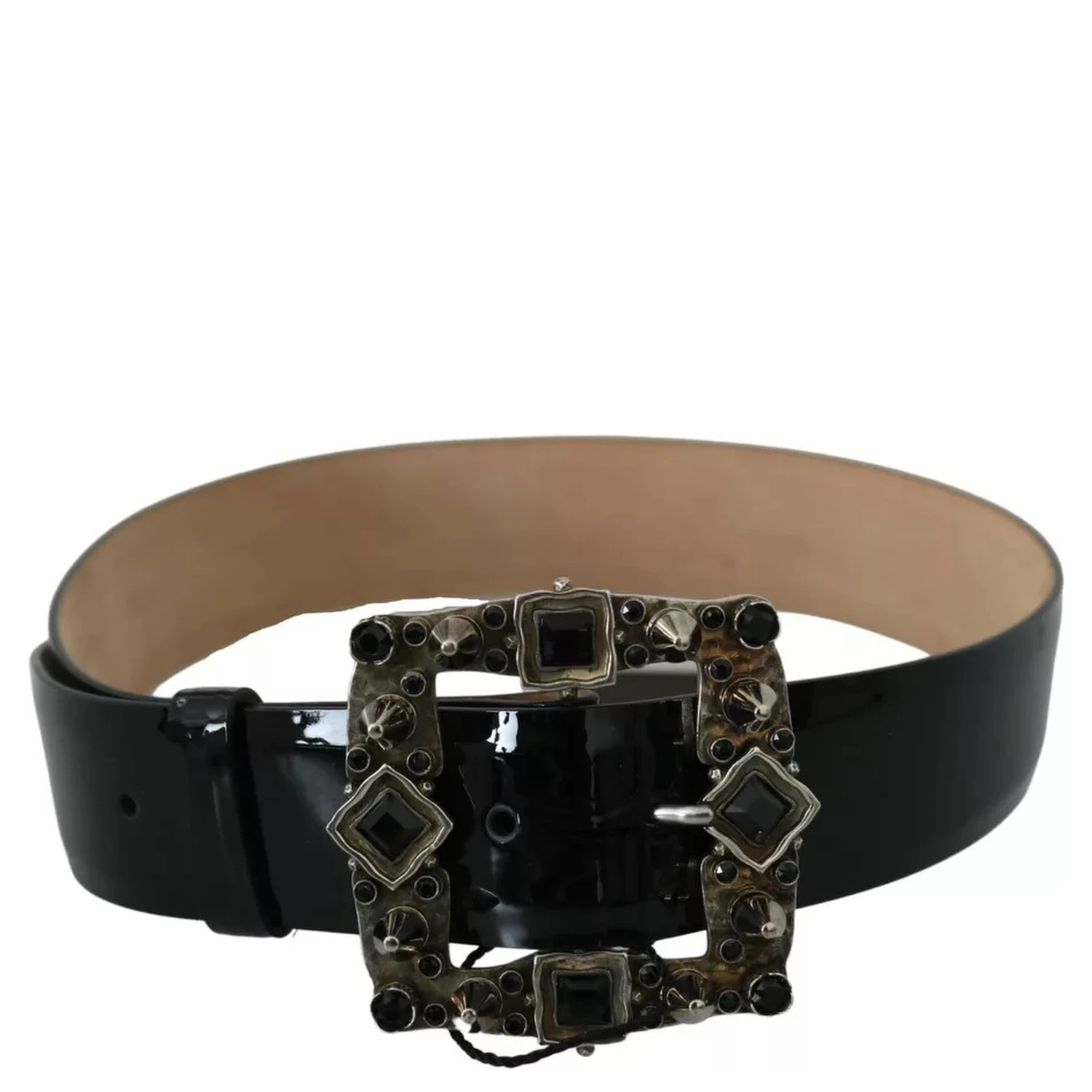 Black Shiny Leather Crystal Logo Buckle Belt