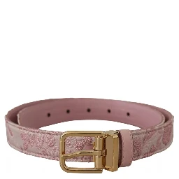 Pink Jaquard Embroidered Gold Tone Metal Buckle Belt