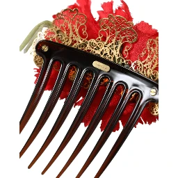 Red Silk Floral Gold Brass Women Hair Comb