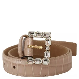 Beige Leather Crystal Buckle Women Belt