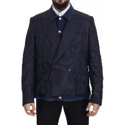Blue Striped Double Breasted Denim Blazer