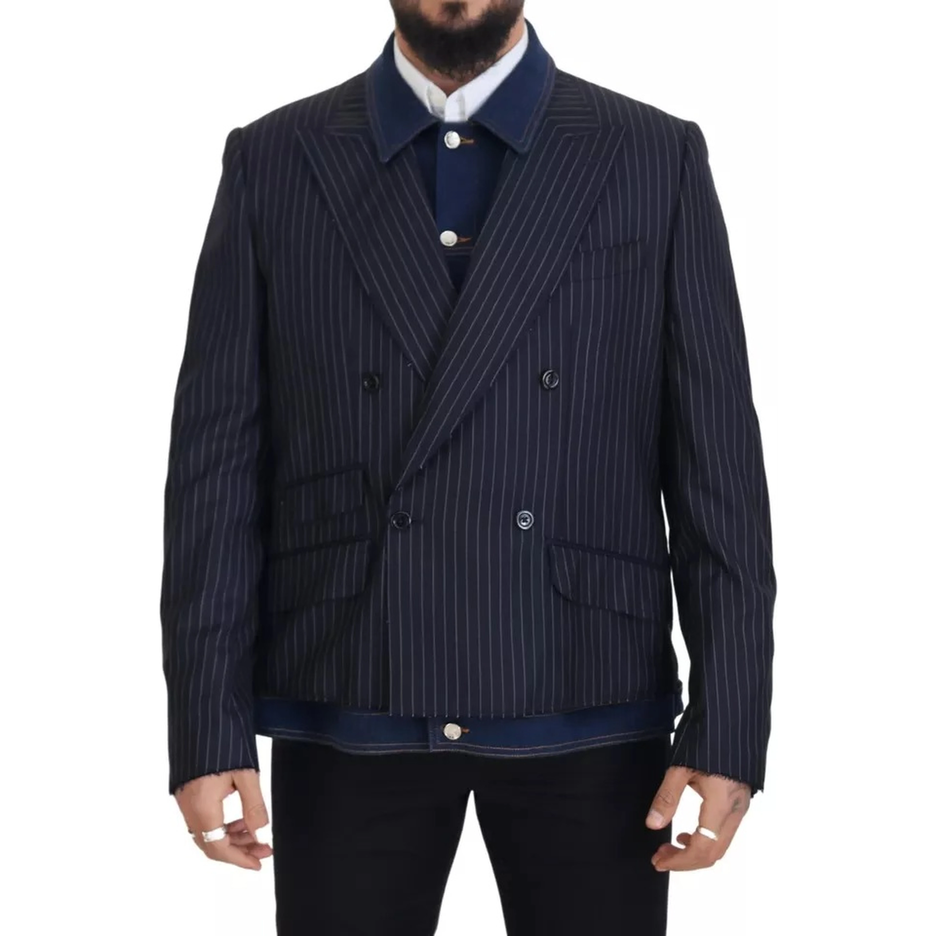 Blue Striped Double Breasted Denim Blazer