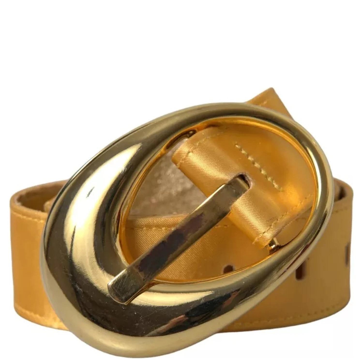 Gold Satin Leather Oval Metal Buckle Belt